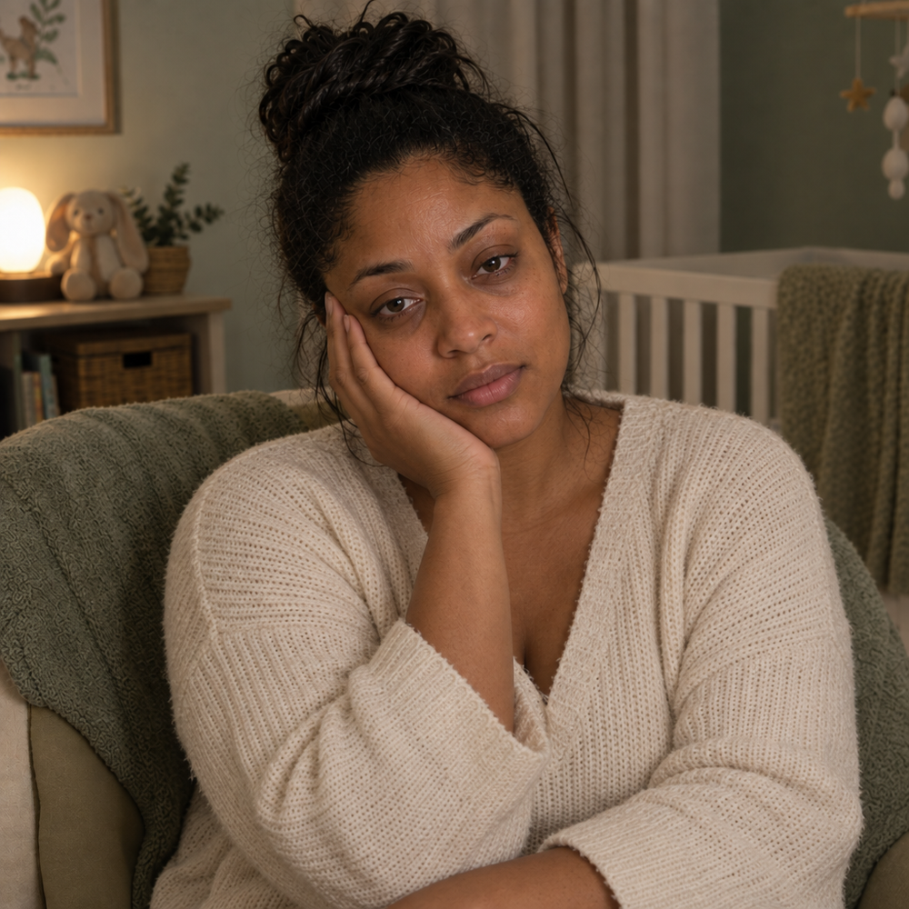 Same mother alone, looking exhausted